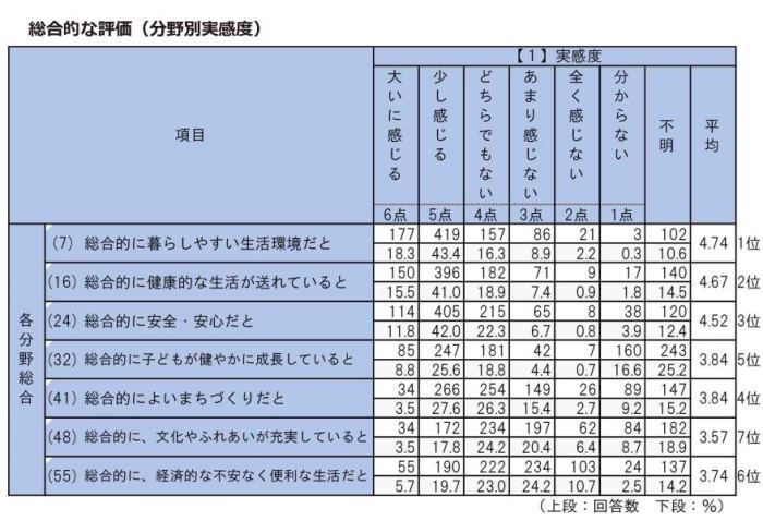 総合的な評価（分野別実感度）